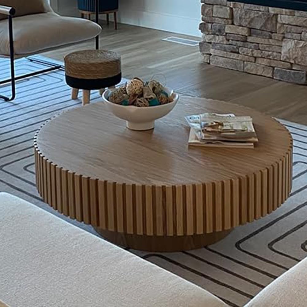 Round Coffee Table for Living Room Contemporary Wood Circle Fluted Coffee Table for Apartment, Easy Assembly ø31.49'', Wood Oak