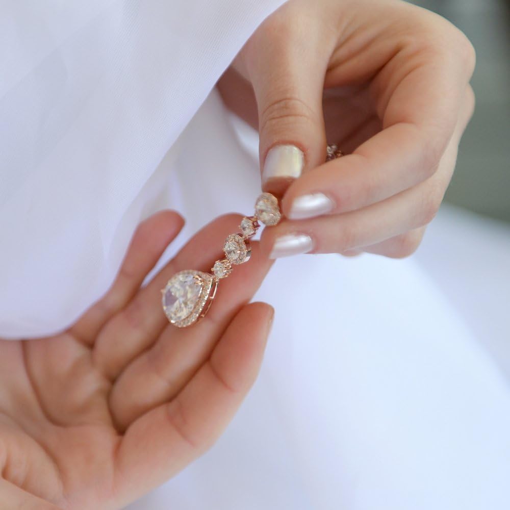 Mariell Pierced or Clip-On Silver, Gold or Rose Gold CZ Dangle Drop Earrings for Women, Brides, Wedding