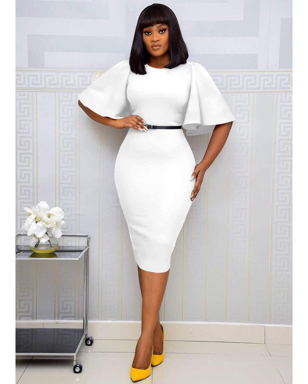 Memoriesea Women's Basic Bodycon Ruffle Flared Short Sleeve Pencil Midi Dress White