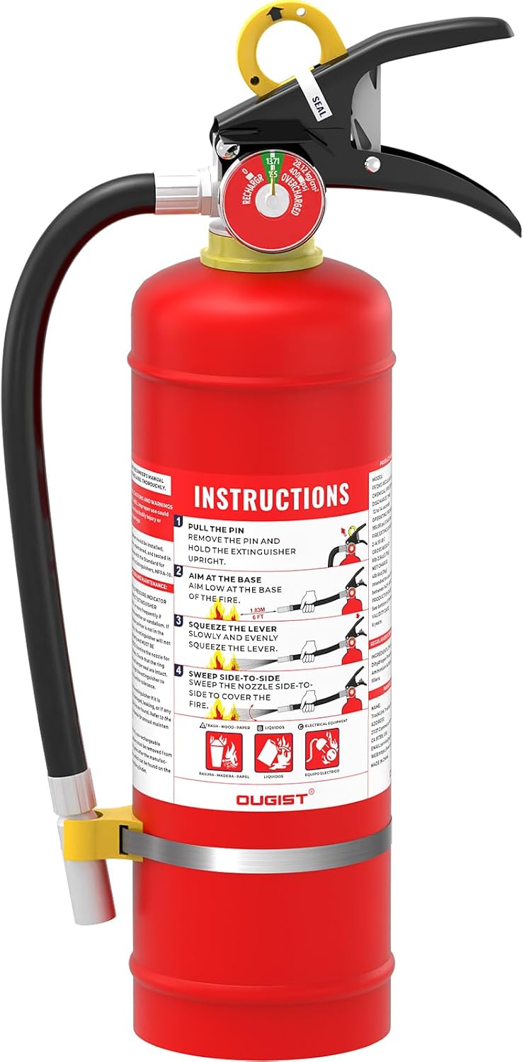 Ougist ABC Dry Powder Fire Extinguisher, 5 lb – 2-A:10-B：C Rated for Home, Office & Vehicle, Quick Release, Easy-Grip Handle, Ideal for Electrical & Grease Fires, Car Extinguisher, Model FF2KG