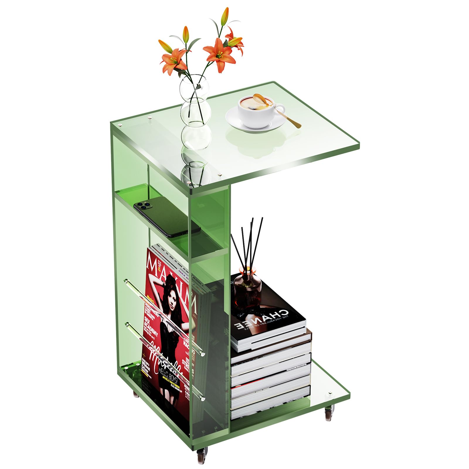 Clear Acrylic Side Table on Lockable Wheels, C Shaped End Table for Sofa, Small Coffee Tables for Small Spaces (Orange)