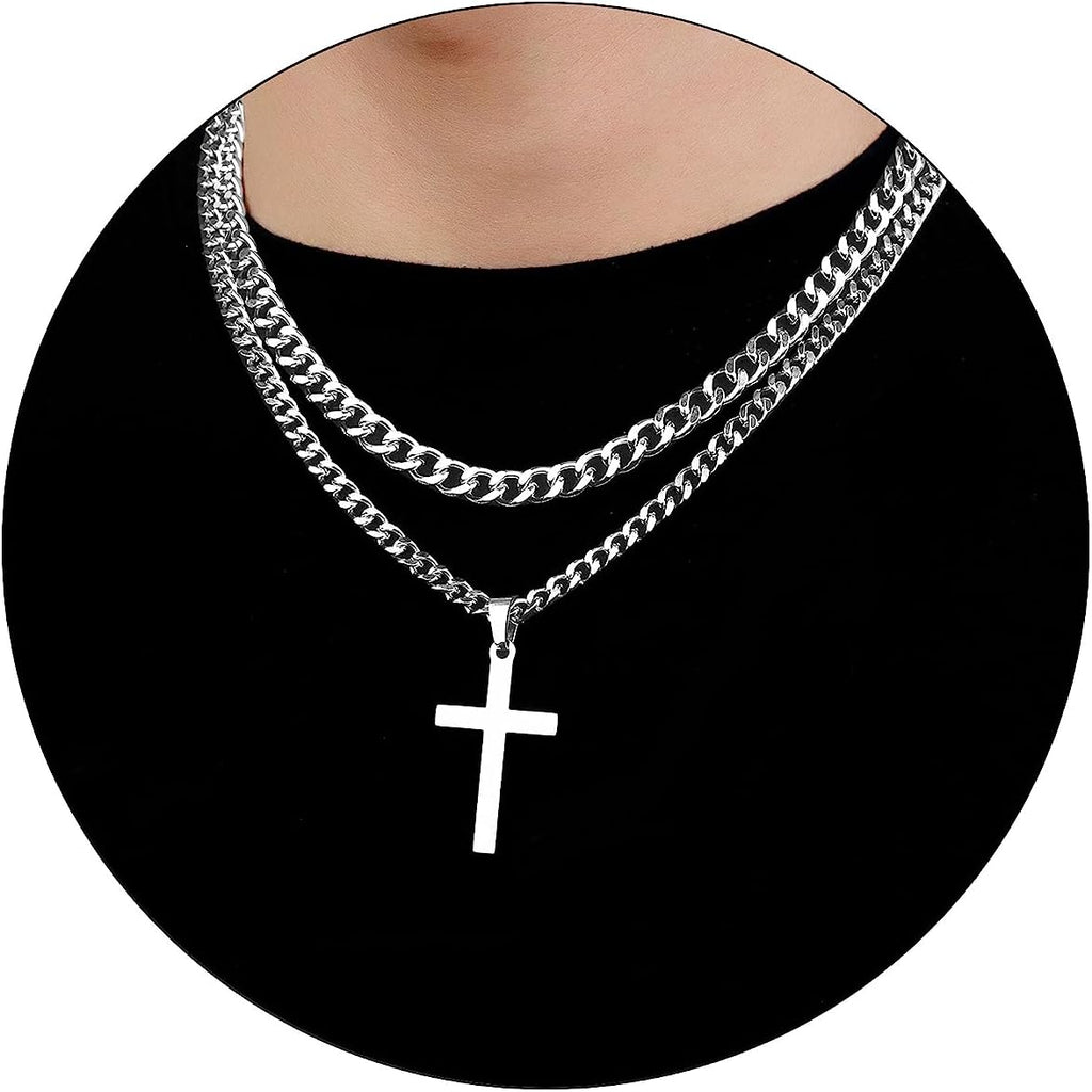 SENRAN Layered Cross Necklace for Men Boys Stainless Steel Layered Cuban Link Chain 16-24 inch Christian Cross Pendant Religious Jewelry Gifts