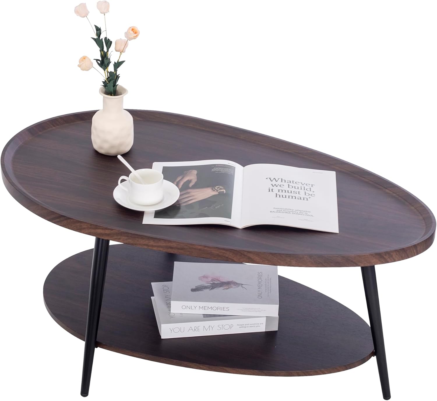 Oval Coffee Table, 2-Tier Coffee Table with Open Storage Shelf, 40" Modern Wood Center Table Tea Table for Living Room, Bedroom, Apartment, Dark Walnut