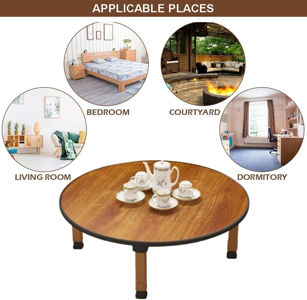 Japanese Foldable Coffee Table, Portable Low Tea Table Wooden Folding Dining Study Breakfast Serving Table Collapsable Small Desk Tatami Sitting On The Floor Table (23.6 * 11.8in, Round)