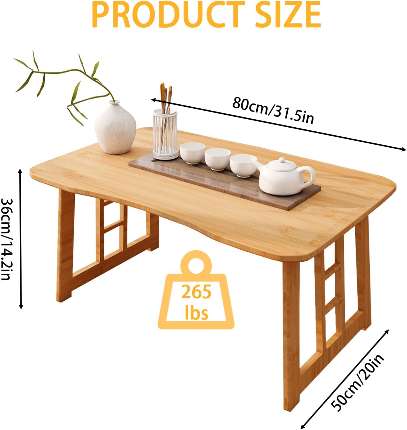 Japanese Folding Coffee Table,Bamboo Foldable Floor Low Table,Chabudai Tea Table for Sitting Tatami Living Room Bay Window,No Assembly (Wood)