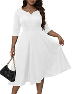 Runwind Plus Size Dresses for Curvy Women Cocktail Wedding Guest Fit and Flare A-Line Swing Casual Midi White Dresses 3XL