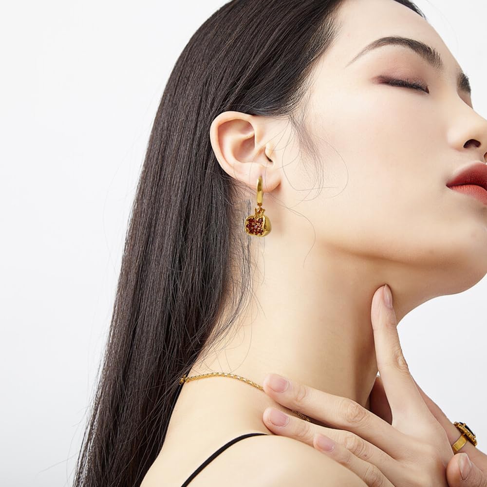 Pomegranate Earrings, Premium Cubic Zirconia Inlay Red Pomegranate Pendant, 18k Gold Plated Stainless Steel Hoop Earrings