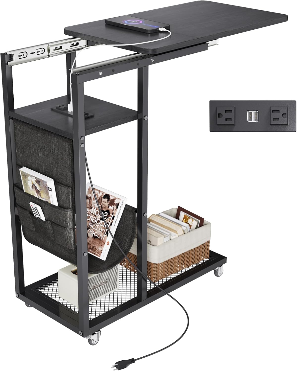 Colima Lift Top End Table with Charging Station and Wheels, Sofa Side Table with USB Port & AC Outlets, Movable Bedside Nightstand with Side Bag for Office Living Room Bedroom(Rustic Wood)