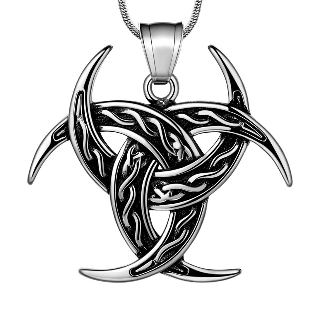 Celtic Knot Necklace Viking Pendant - Celtic Norse Triple Odin Horns Crescent Moon of Oden Horn Necklace Mens 316L Stainless Steel Triskelion Amulet Pewter Tribal Protection Viking Triskele Jewelry