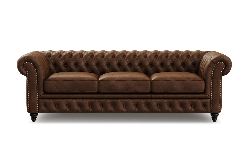 Valencia Parma Chesterfield 3 Seater Sofa 82" | Premium Full-Aniline Leather | Mid-Century Leather Couch with Classic Button Tufted Back, Wood Legs for Living Room, Chocolate