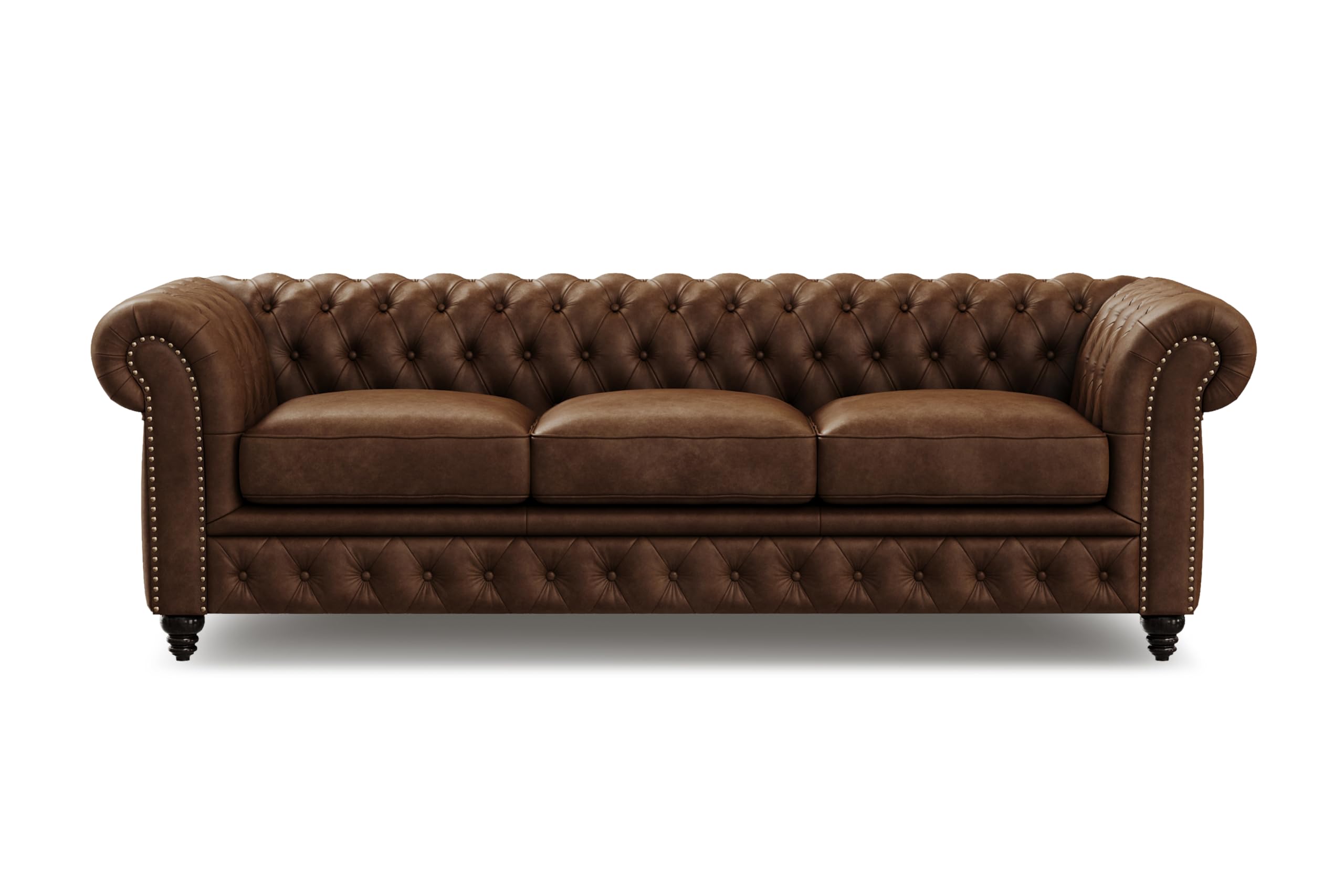 Valencia Parma Chesterfield 3 Seater Sofa 82" | Premium Full-Aniline Leather | Mid-Century Leather Couch with Classic Button Tufted Back, Wood Legs for Living Room, Chocolate