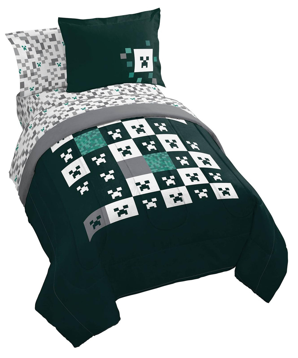 Jay Franco Minecraft Creeper Queen Comforter Set - 7 Piece Gamer Bedding Includes Sheet Set & Pillow Covers - Super Soft Checkered Bedding