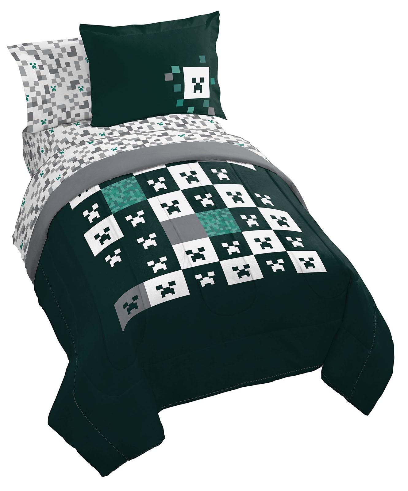 Jay Franco Minecraft Creeper Queen Comforter Set - 7 Piece Gamer Bedding Includes Sheet Set & Pillow Covers - Super Soft Checkered Bedding