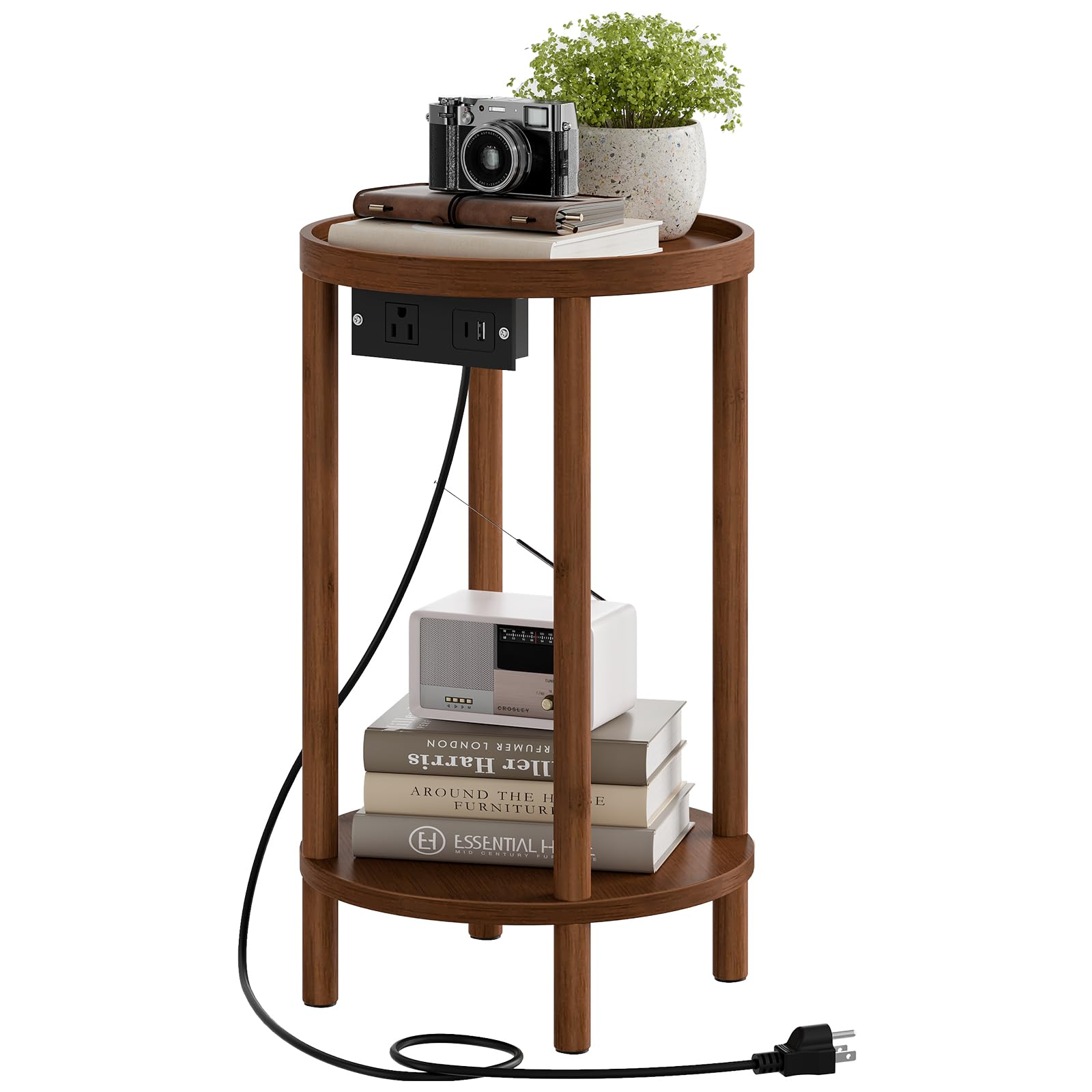 HOOBRO Small Round Side Table with Charging Station, 2-Tier Round Bamboo End Table, Compact Sofa Bedside Table for Small Space, Easy Assembly, for Living Room, Bedroom, Apartment, Natural YL156UBZ01
