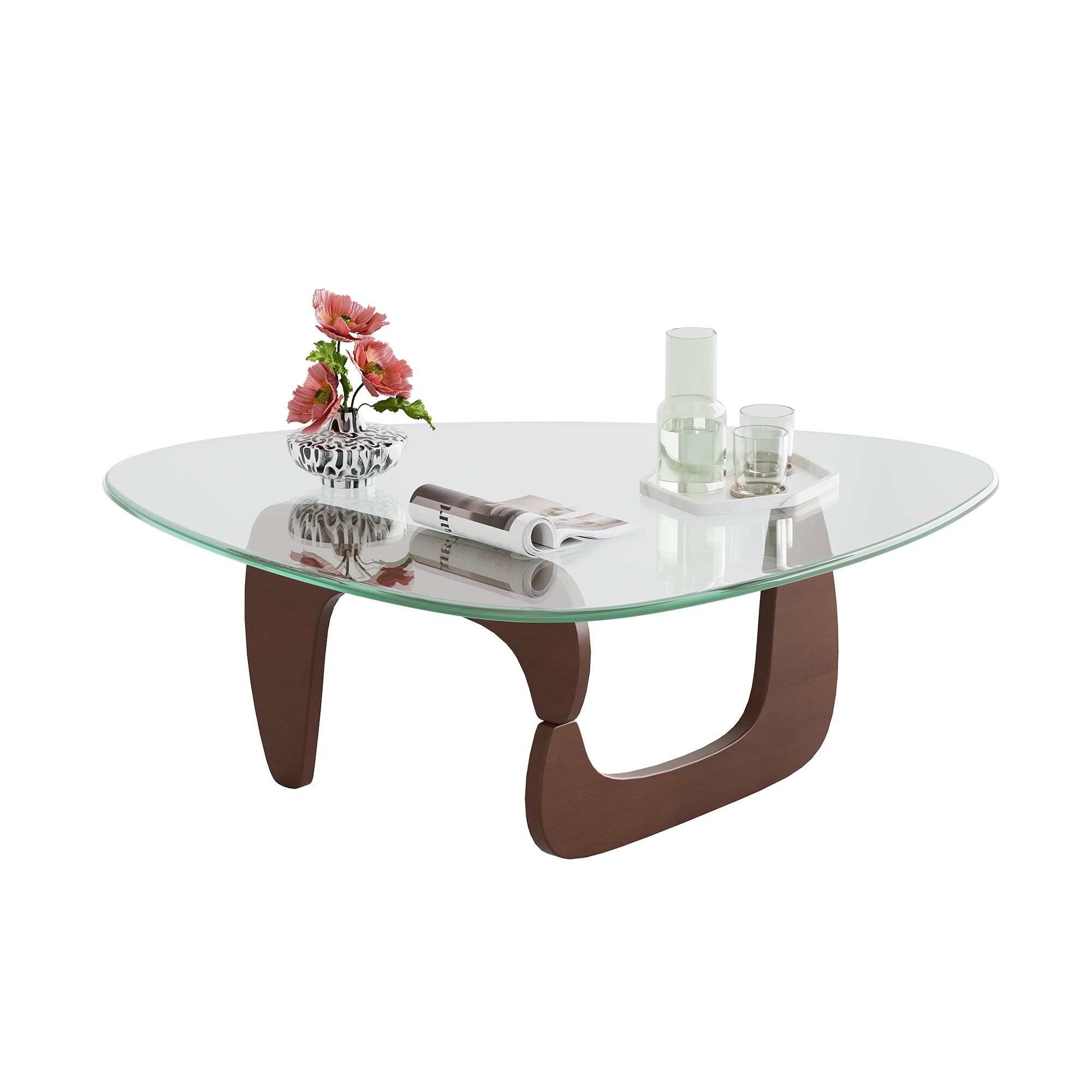 WLIVE Coffee Table, Small Glass Coffee Table with Solid Wood Legs, 32.7" Mid Century Triangle Living Room Tables, Modern Center Table for Small Spaces Living Room, Reception, Office, Natural