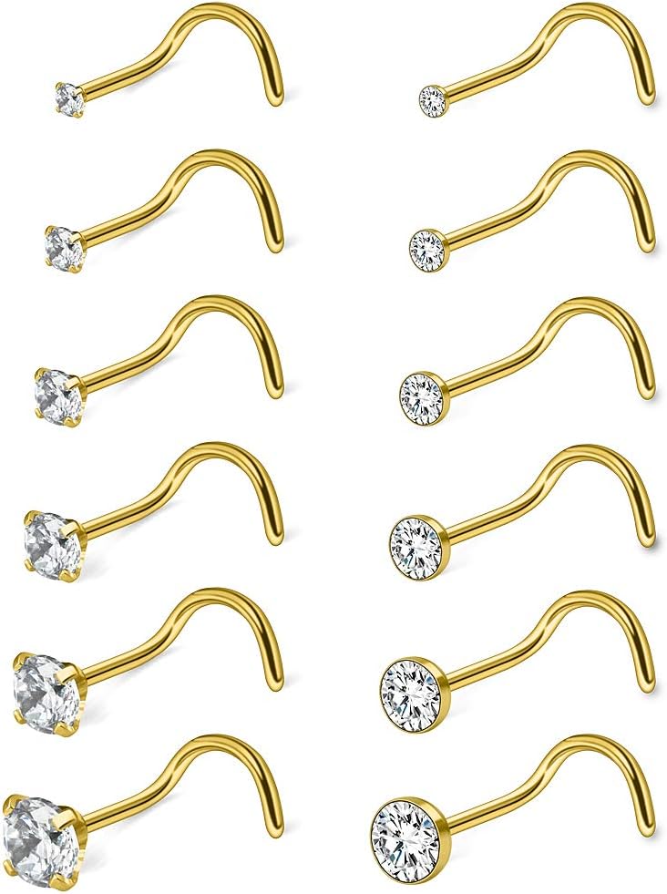 Ruifan 18G 1.5mm 2mm 2.5mm 3mm 3.5mm 4mm Round Diamond CZ Nose Screw Studs Rings Piercing Jewelry 4-12PCS