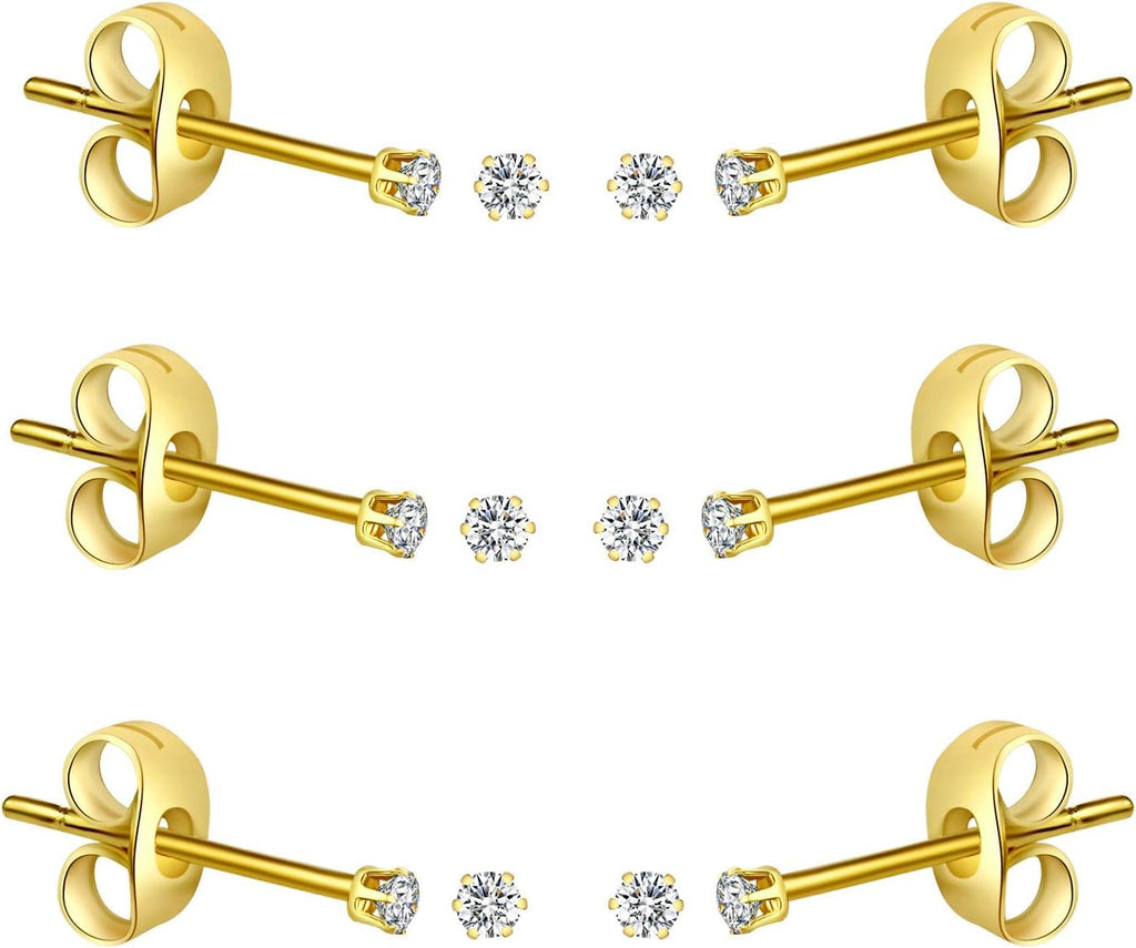 6-10 Pairs Tiny Women's Stainless Steel Round Clear Cubic Zirconia Stud Earrings, Hypoallergenic Surgical Steel Earrings Set, 2mm 3mm 4mm CZ,