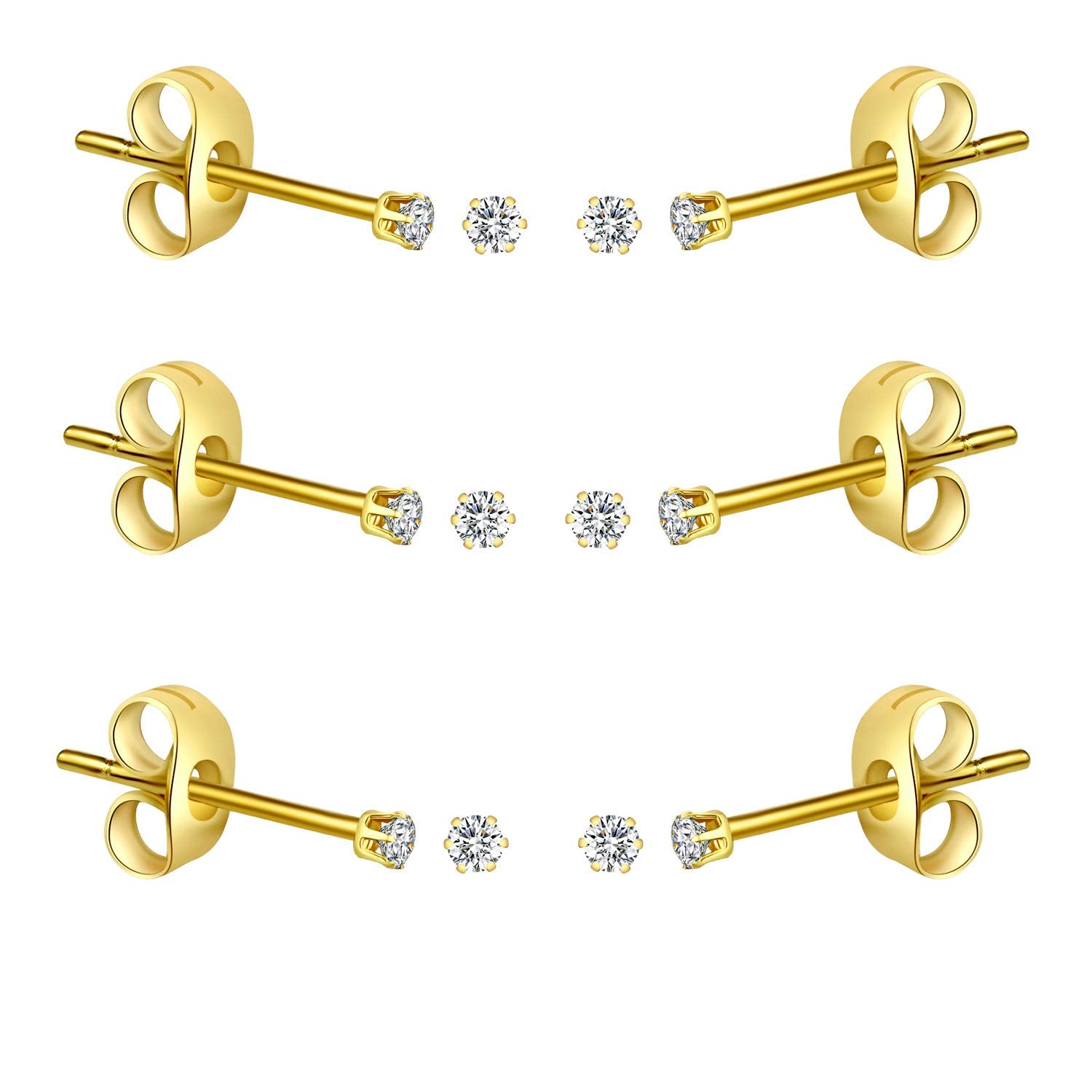 6-10 Pairs Tiny Women's Stainless Steel Round Clear Cubic Zirconia Stud Earrings, Hypoallergenic Surgical Steel Earrings Set, 2mm 3mm 4mm CZ,