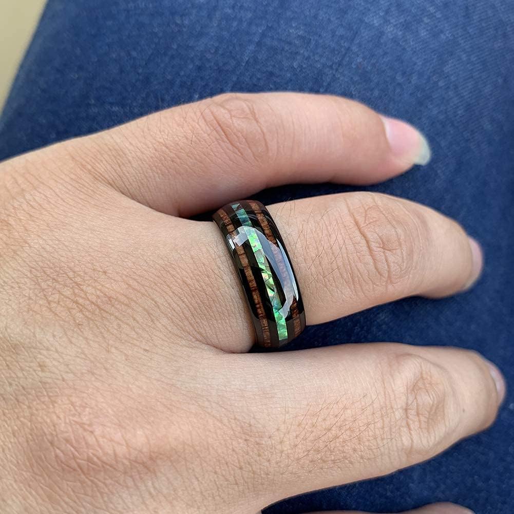 8mm Hawaiian Koa Wood Black Tungsten Carbide Rings Dome Double Grooved Abalone Shell Wedding Bands for Men Women Comfort Fit Size 5-14