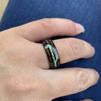 8mm Hawaiian Koa Wood Black Tungsten Carbide Rings Dome Double Grooved Abalone Shell Wedding Bands for Men Women Comfort Fit Size 5-14