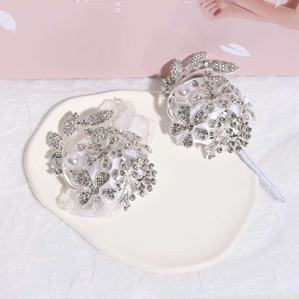 ست مچ‌بند وانلیان با مروارید و نگین، ست گل سینه و گل یقه برای عروسی، مهمانی فارغ‌التحصیلی، مهمانی (نقره‌ای سفید، ۲ قطعه)