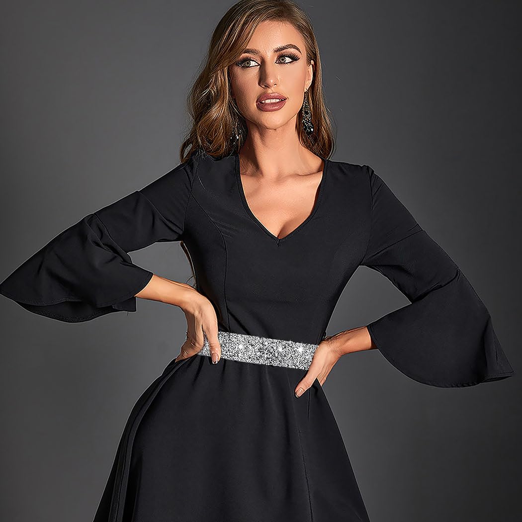 Bounzhi Women Belt Rhinestone Stretch Dresses Belts Elastic Vintage Waist Belt for Women (Silver, L(35"-43"))