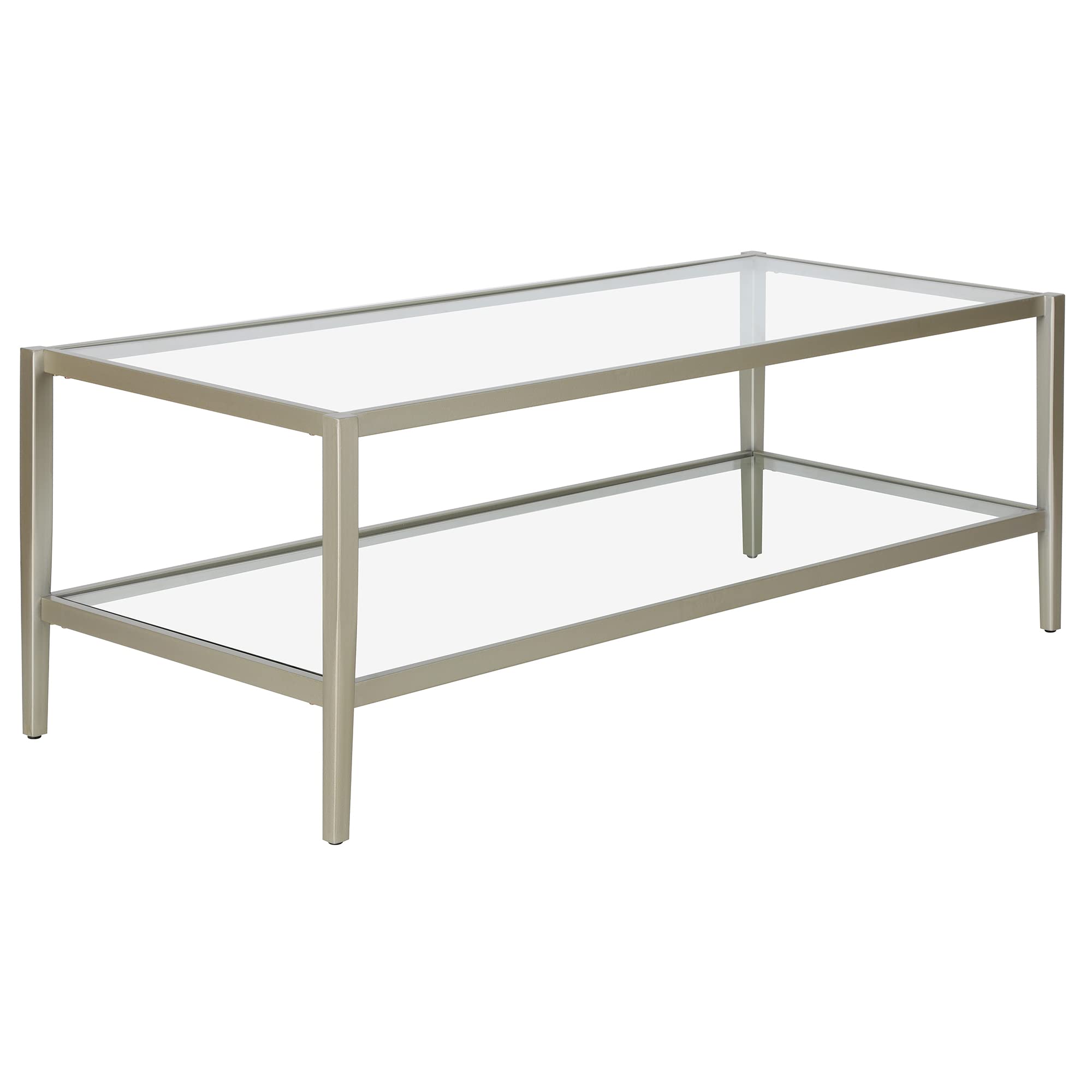Henn&Hart 24" Wide Rectangular Side Table with Glass Shelf in Antique Brass, Table for Living Room, Bedroom