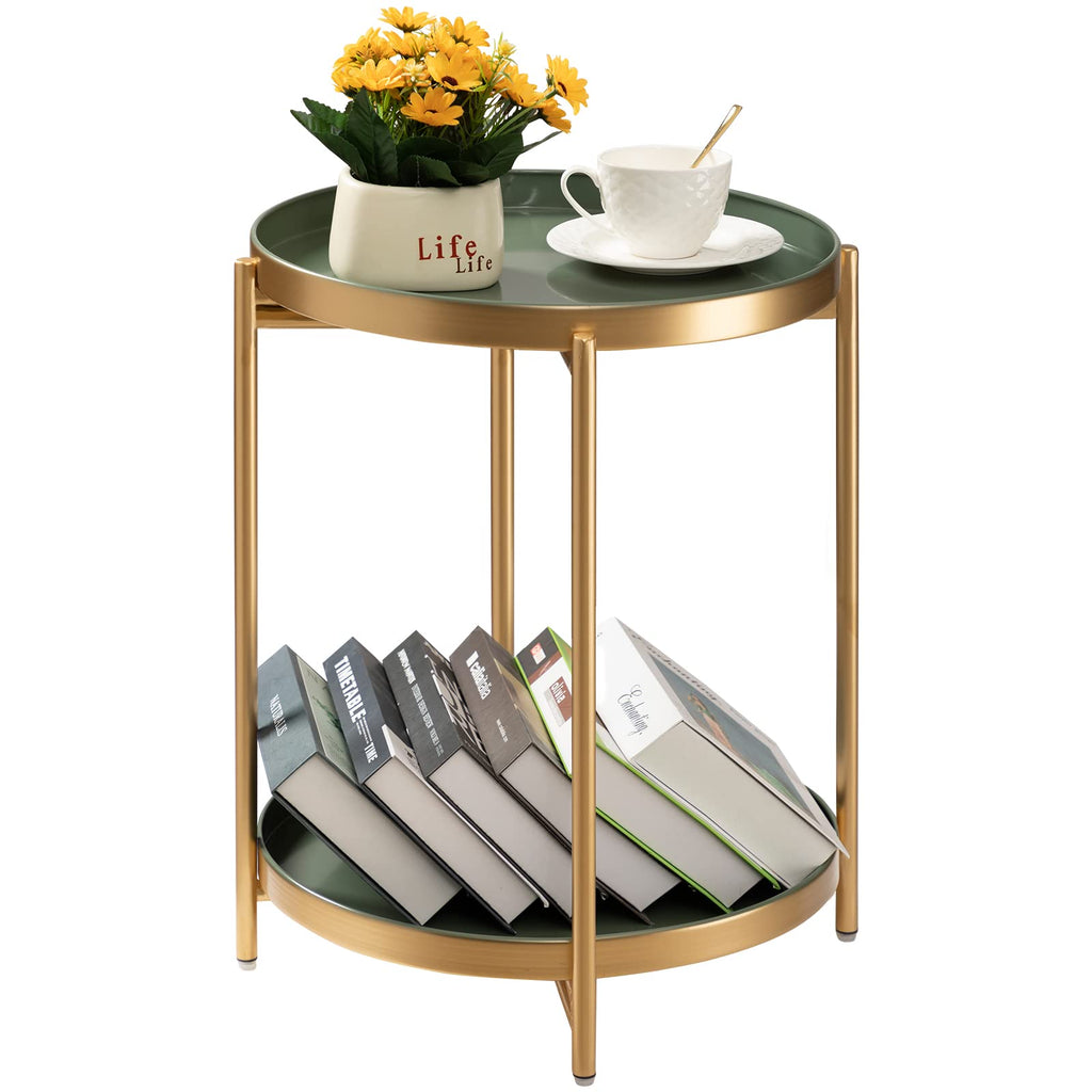 TeoKJ 2 Tier Gold Side Table, Folding Round Metal End Table Small Nightstand with Two Removable Tray for Bedroom Living Room Small Spaces Bedside Gold