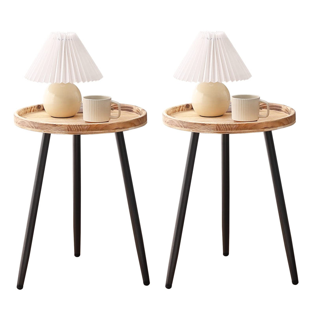 Tiita Round End Table Mental Side Table Nightstand/Small Wood Tables Accent Coffee Table with Wooden Tray for Living Room Bedroom Office Small Space