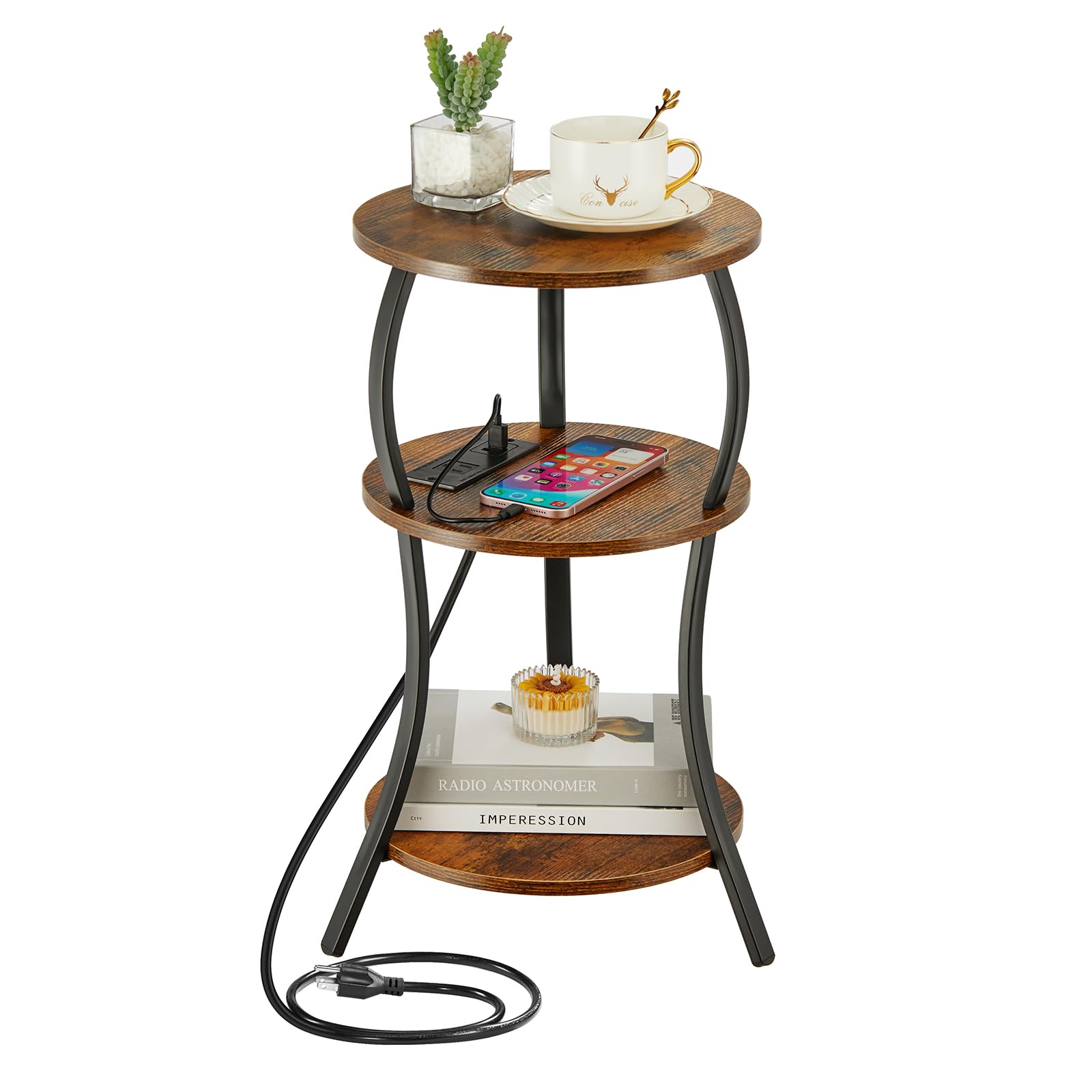 Vintage Small Round Side Table, 3-Tier Slim Waist Circular End Table with Storage Shelf, Compact Tea Sofa Table, Round Corner Coffee Table Nightstand for Living Room Bedroom Small Spaces,Rustic Brown