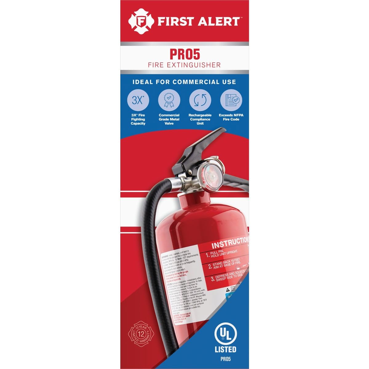 First Alert PRO10 Rechargeable Commercial Fire Extinguisher, UL rated 4-A:60-B:C, Red, 1-Pack