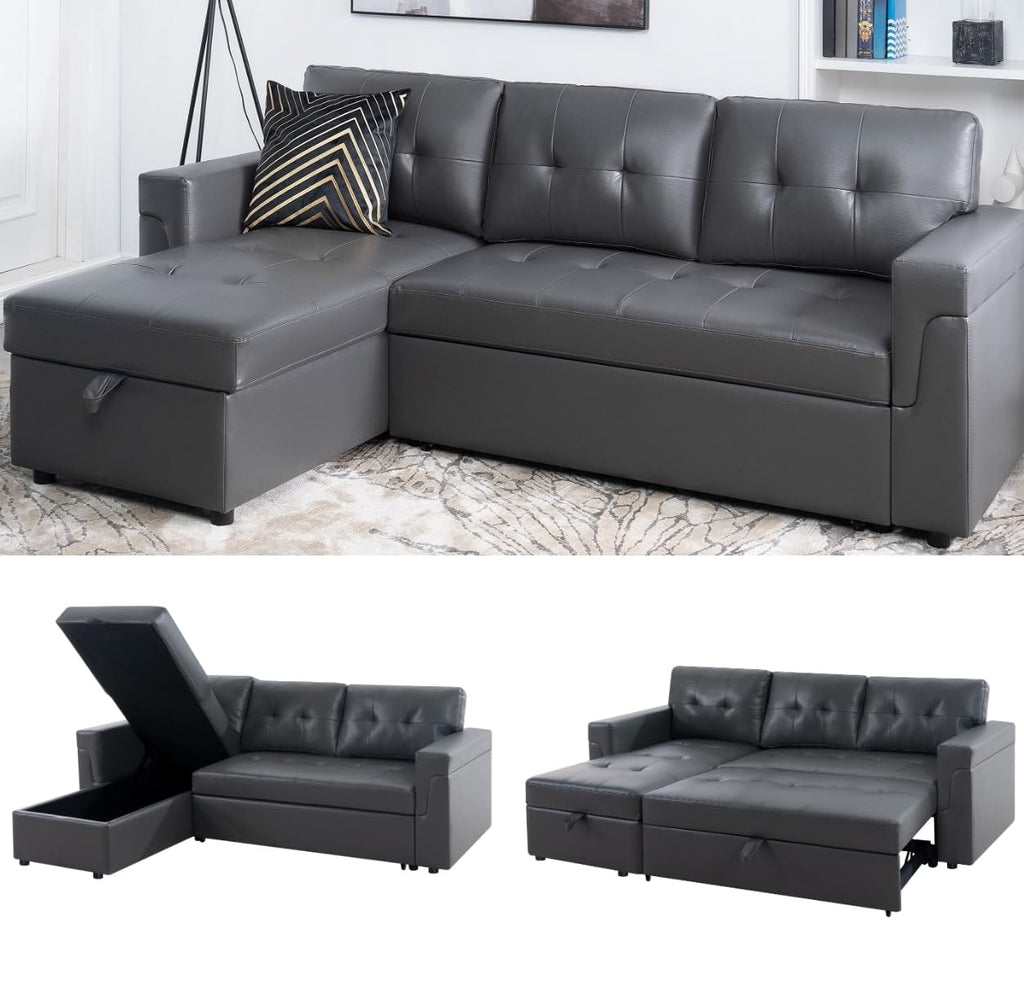 Naomi Home Transform Any Space: Sleeper Sectional Sofa with Convertible Sofa Bed & Inviting Chaise. Find Tranquil Comfort with Stress-Relieving Design & Durable Cushions - Black/Air Leather