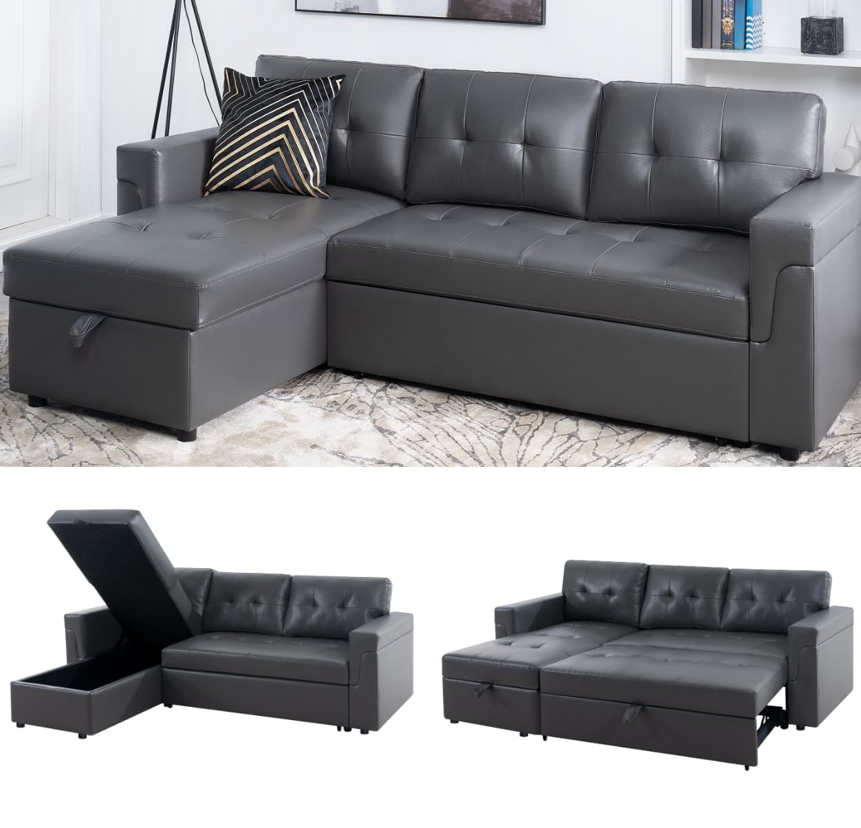 Naomi Home Transform Any Space: Sleeper Sectional Sofa with Convertible Sofa Bed & Inviting Chaise. Find Tranquil Comfort with Stress-Relieving Design & Durable Cushions - Black/Air Leather