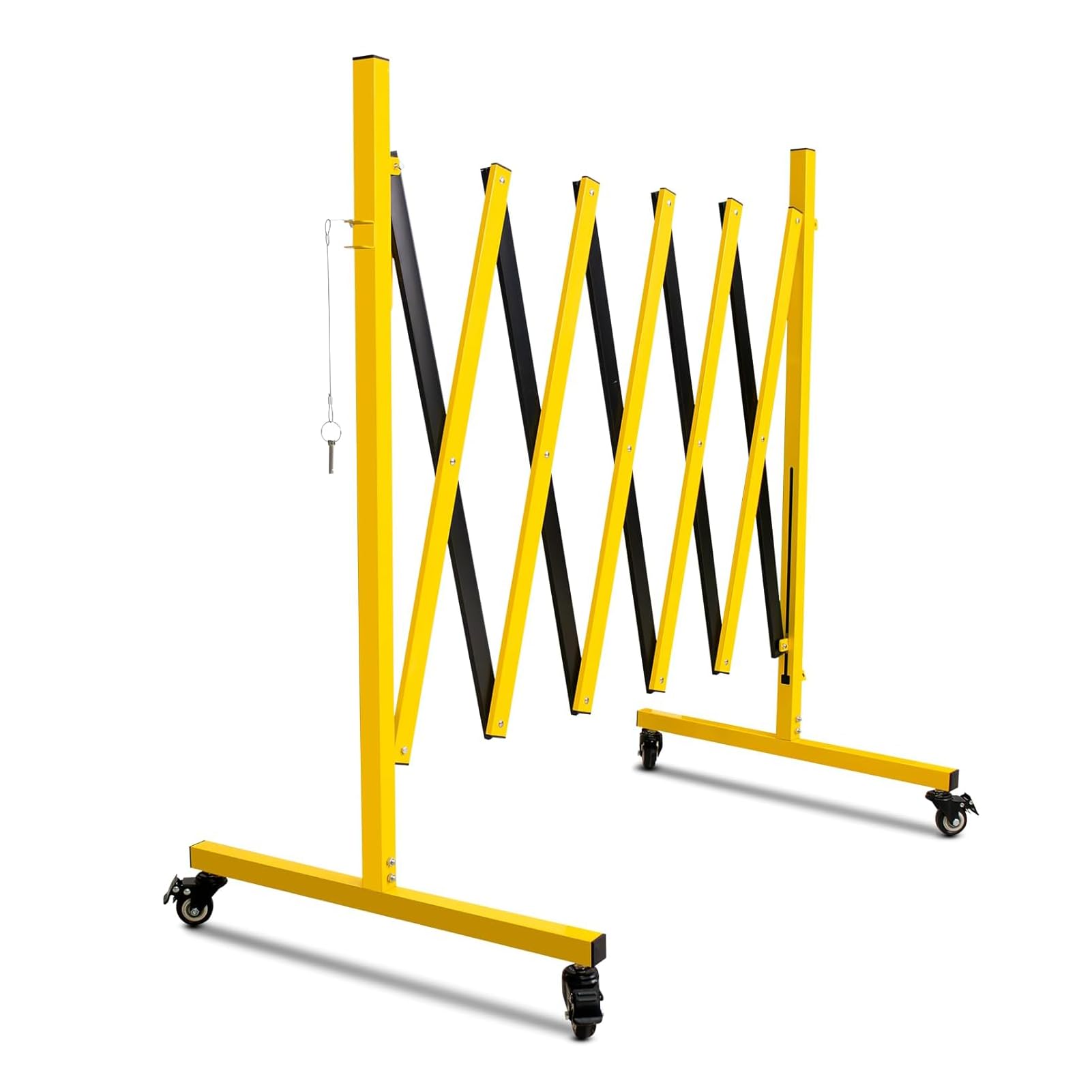 Industrial Expandable Metal Barricade 17 Feet, Yellow and Black Mobile Safety Barrier Gate, Retractable Traffic Fence with Casters, Folding Expandable Barricade for Road Construction, Garage
