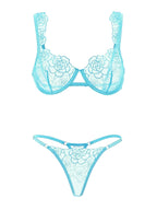 Lilosy Conjunto de Lencería para Mujer Sexy con Bordado Floral Transparente, Aros y Realce, Sujetador y Braguita Transparentes de Malla con Flores, Verde Menta, Mediano, 2 Piezas