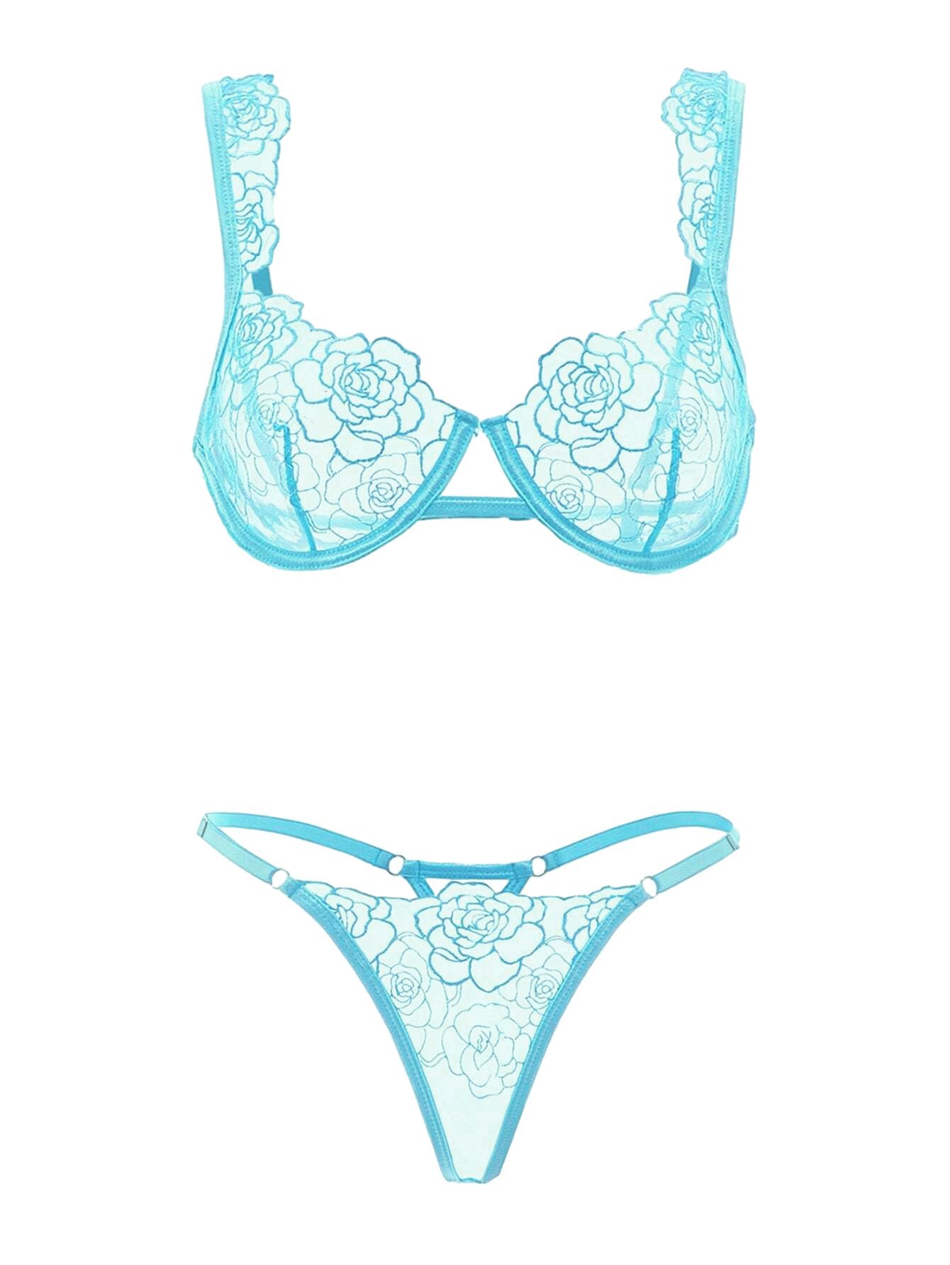 Lilosy Conjunto de Lencería para Mujer Sexy con Bordado Floral Transparente, Aros y Realce, Sujetador y Braguita Transparentes de Malla con Flores, Verde Menta, Mediano, 2 Piezas