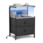 Nightstand with Charging Station and LED Lights, Side Table with 2 Fabric Drawers, Bedroom Nightstand, 3 Tier Storage Coffee Table, Living Room (1, White)