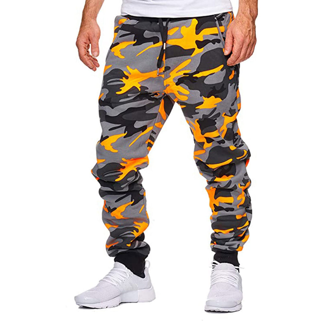 GOFULY Mens Cargo Pants Baggy Camo Print Fashion Drawstring Ripstop Stretch Mens Sweatpants Tall Pockets Graphic Work Pants for Men Big and Tall Plus Size Hiking Pants Men Slim Orange L
