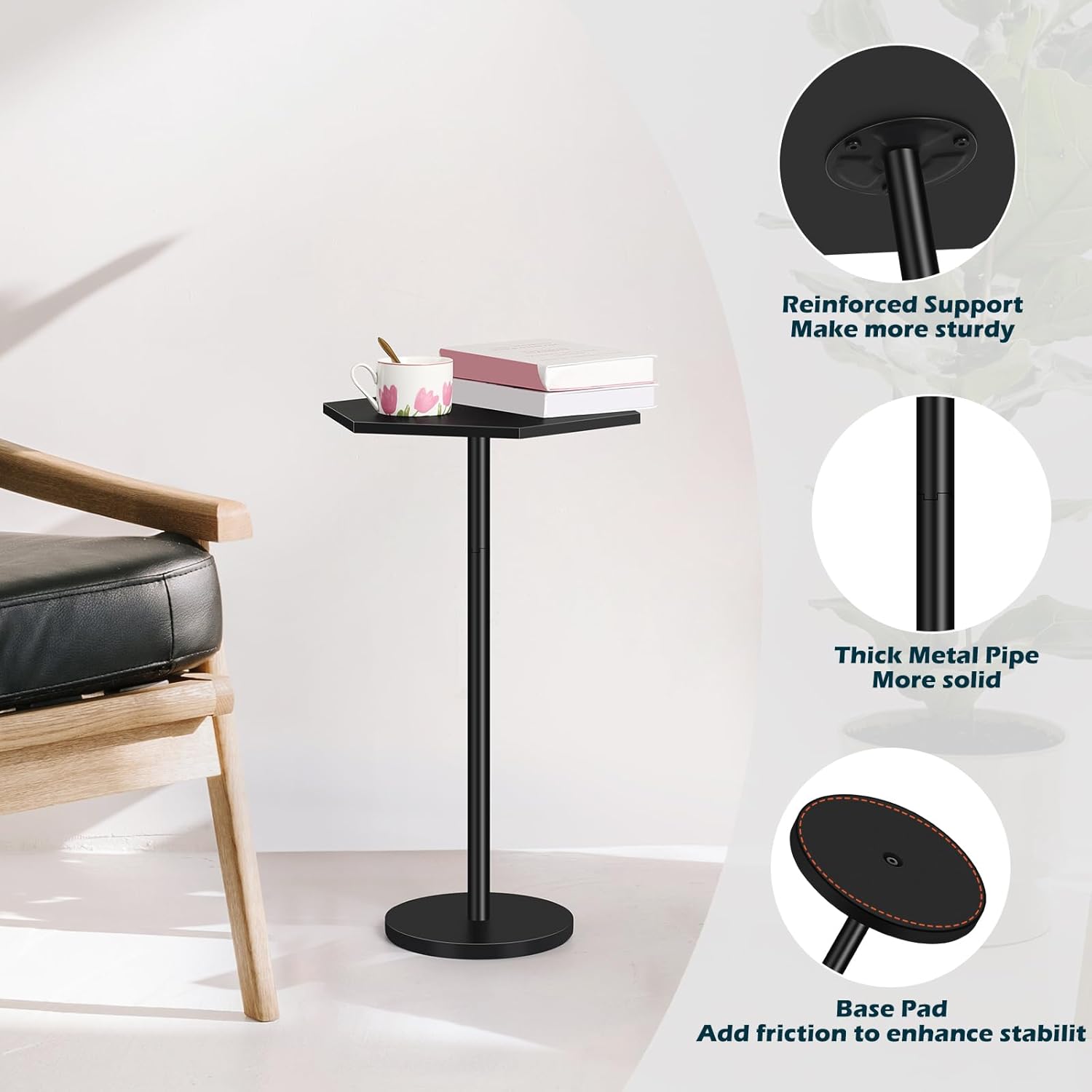 Vrisa Drink Table Small Hexagon Side Table for Small Spaces Round Pedestal Accent End Table Modern Martini Coffee Cocktail Table for Living Room, Bedroom, Sofa Couch Chair, Patio, Black