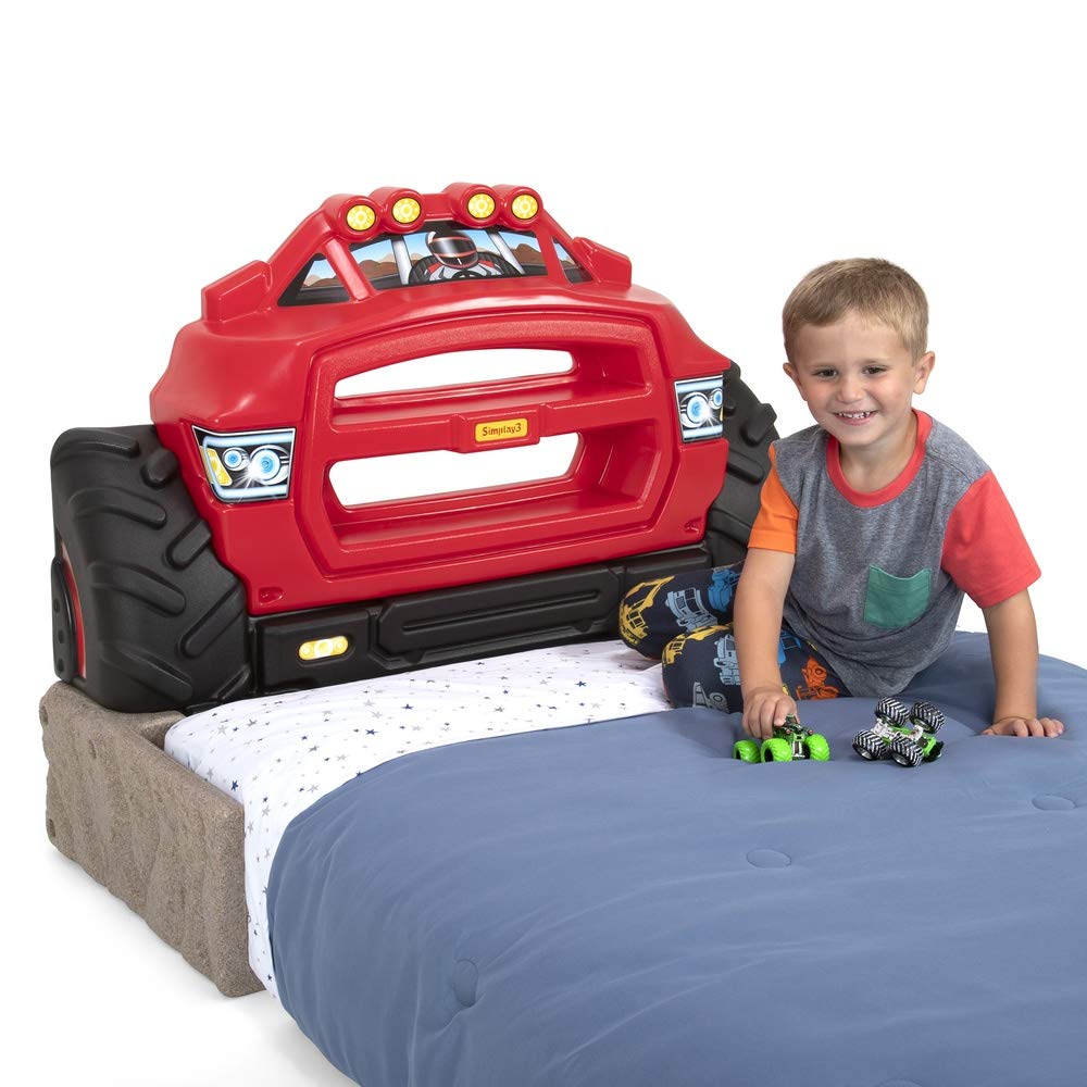 Simplay3 Monster Truck Headboard, Twin Size Plastic Car Bed Headboard for Kids, Toddlers and Boys with Toy Car Storage - Red, Made in USA