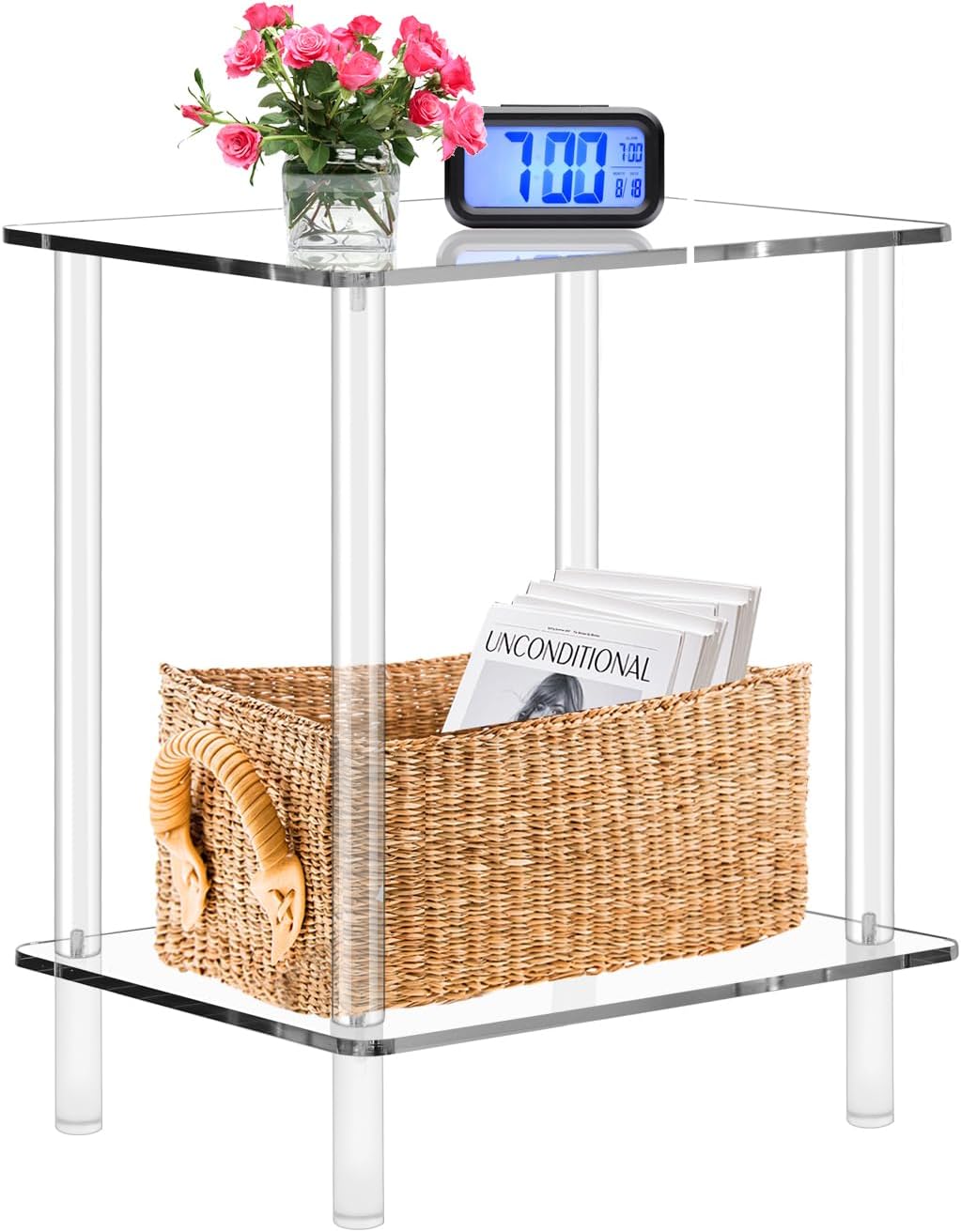 2-Tier Acrylic Small Side Table End Table Bedside Table Square Nightstand for Coffee Tea Drinking Living Room Saving Space Bedroom Bathroom Furniture 15.7'' L x 11.8'' W x 20'' H