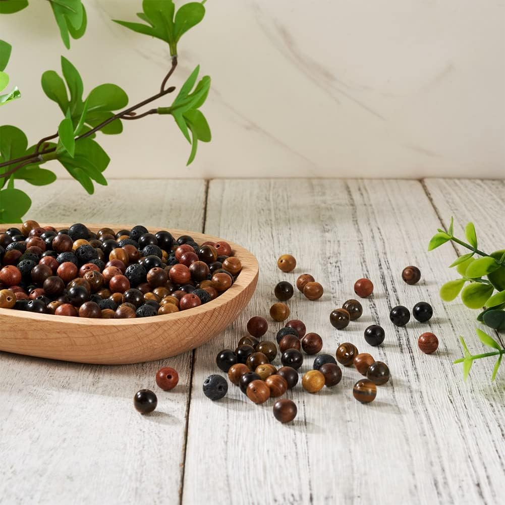 KISSITTY 300Pcs 6 Style Natural Wood Round Gemstone Beads Kit for Easter 8mm Lava Rock Beads & Grade AB Tiger Eye Wood Beads Natural Polished Wooden Ball Loose Beads for Men Bracelet Jewelry Making