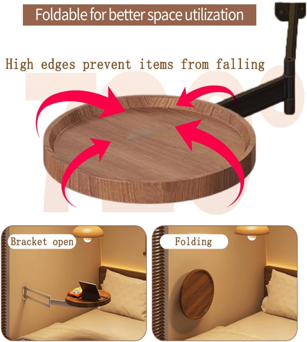 Retractable Wall Mounted Folding Table, Adjustable Sofa Floating Table Balcony Coffee Table, 11.8 Inch Round Wooden Tabletop, Space Saving Design, Adjustable Angle, Acacia Brown (Black)