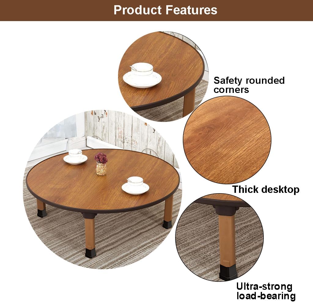 Japanese Foldable Coffee Table, Portable Low Tea Table Wooden Folding Dining Study Breakfast Serving Table Collapsable Small Desk Tatami Sitting On The Floor Table (23.6 * 11.8in, Round)