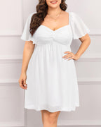 Pinup Fashion Women Plus Size Graduation Dress Bridal Shower Summer Casual Ruffle Sleeve Sweetheart White Chiffon A-Line Short Dresses