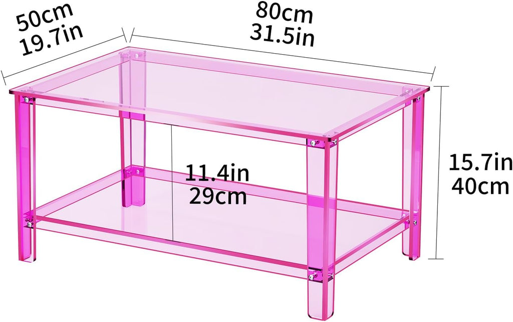 Acrylic Coffee Table with Storage Shelf,Rectangle Living Room 2-Tier Center Table for Small Spaces (Rectangle, Pink, Nomal)