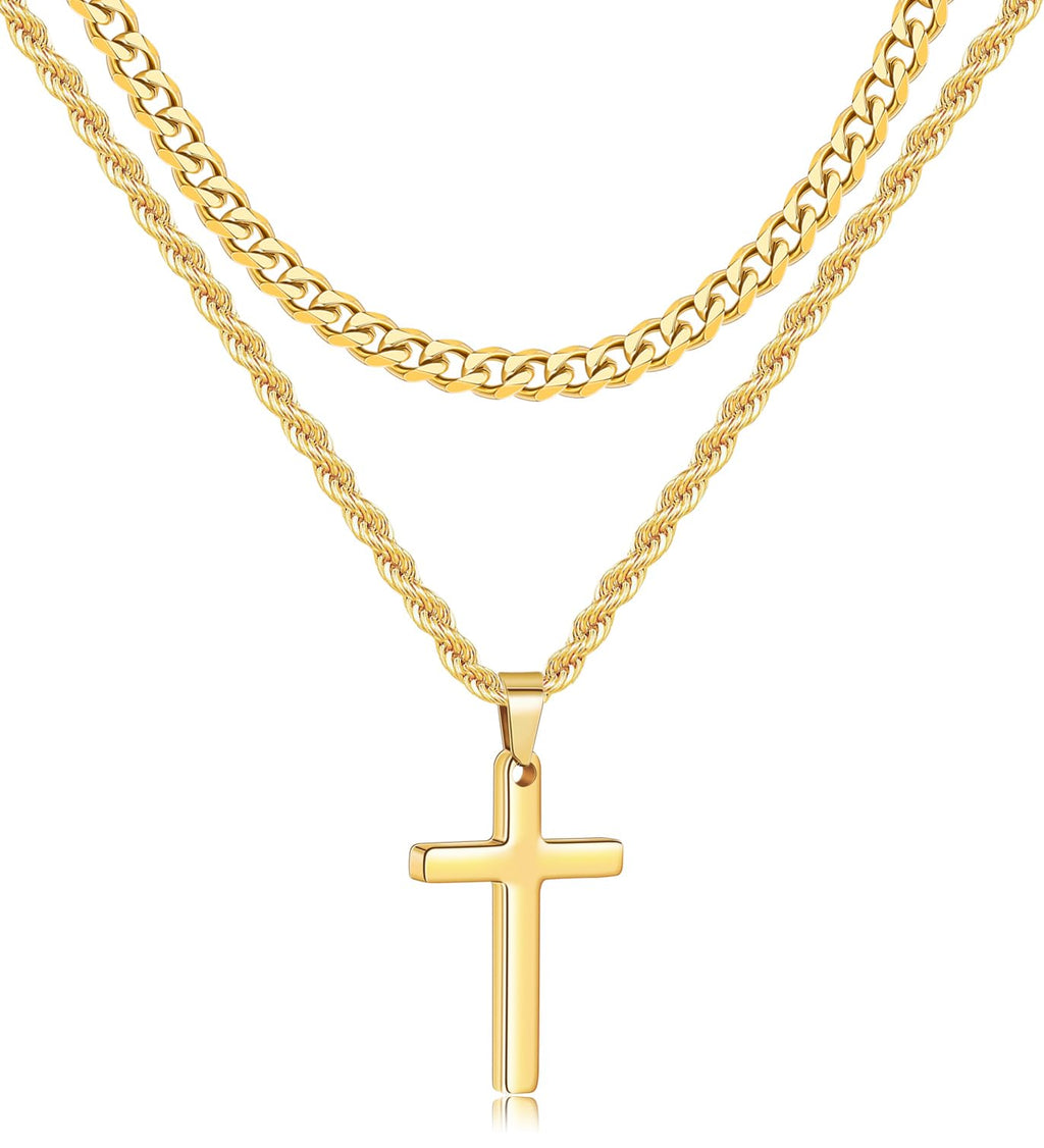 Fiusem 2 Pcs Cross Necklace Chain for Men and Women, Layered Mens Cross Necklaces Stainless Steel Pendant Cuban Link Rope Chain 16-26 Inch