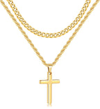 Fiusem 2 Pcs Cross Necklace Chain for Men and Women, Layered Mens Cross Necklaces Stainless Steel Pendant Cuban Link Rope Chain 16-26 Inch