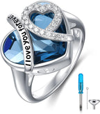AOBOCO Sterling Silver I LOVE YOU FOREVER Heart Cremation Ring Holds Loved One's Ashes, Heart Urn Ring for Women, Memorial Keepsake Embellished with Austrian Crystals