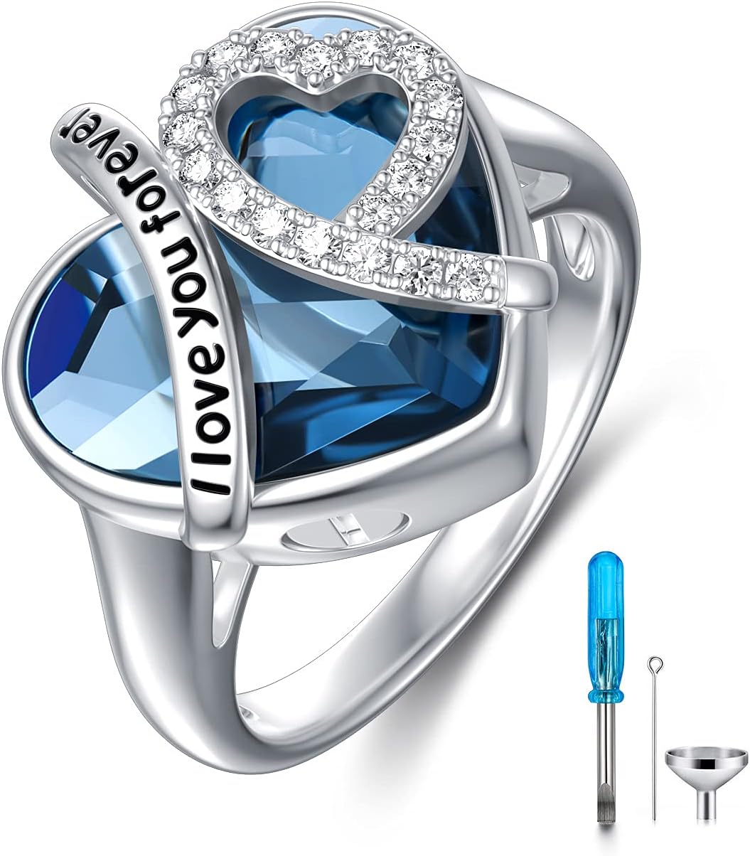 AOBOCO Sterling Silver I LOVE YOU FOREVER Heart Cremation Ring Holds Loved One's Ashes, Heart Urn Ring for Women, Memorial Keepsake Embellished with Austrian Crystals